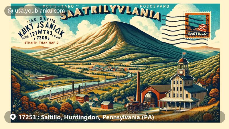 Modern illustration of Saltillo, Pennsylvania, featuring Jacks Mountain, ganister quarry, East Broad Top Railroad, mastodon discovery, Hudson Grist Mill, vintage stamp, postmark, ZIP code 17253, and PA state abbreviation.