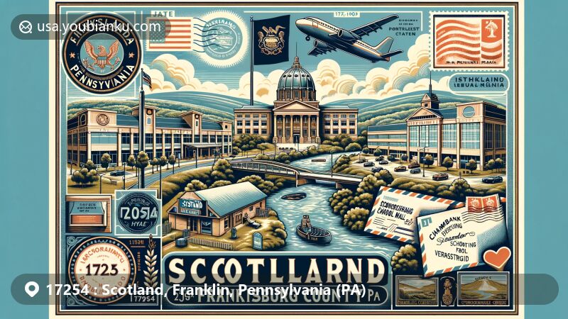 Modern illustration of Scotland, Franklin County, Pennsylvania, showcasing postal theme with ZIP code 17254, featuring Chambersburg Mall and Scotland School for Veterans' Children.