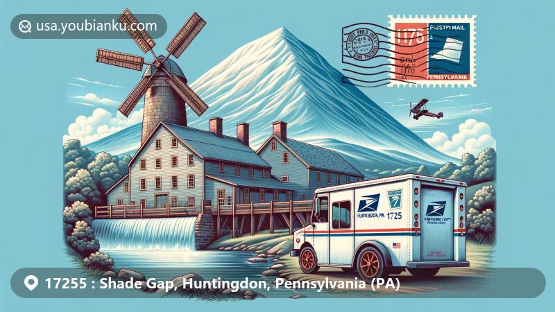 Modern illustration of Shade Gap, Huntingdon County, Pennsylvania, featuring Shade Mountain, historical woolen mill, vintage air mail envelope with Pennsylvania state flag stamp and postal truck, capturing the area's natural beauty, historical milling industry, and postal themes.