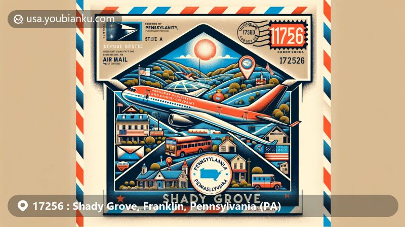 Modern illustration of Shady Grove, Franklin County, Pennsylvania, featuring air mail envelope with ZIP code 17256, Pennsylvania state flag, rural landscapes, and postal motifs.