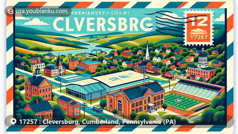 Modern postcard design of Cleversburg, Cumberland County, Pennsylvania, and Shippensburg area, featuring lush Cumberland Valley, historic town vibe, and landmarks like Seth Grove Stadium.