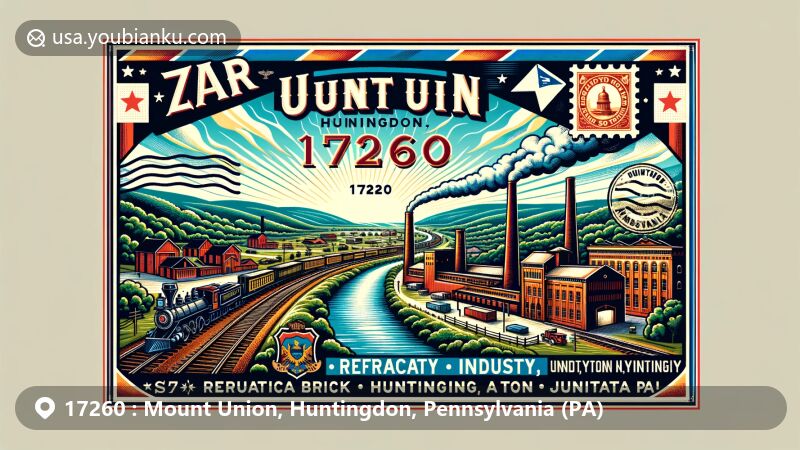 Modern illustration of Mount Union, Huntingdon County, Pennsylvania, highlighting ZIP code 17260, featuring town's industrial legacy, including silica brick factories, East Broad Top Railroad, and Juniata River.