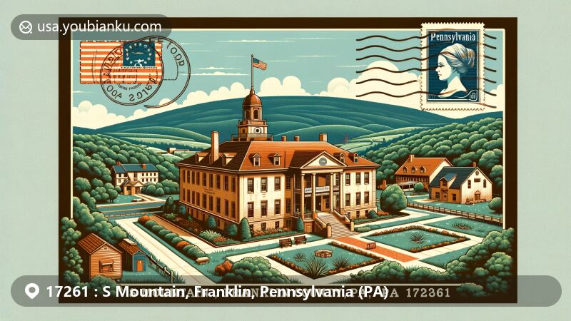 Modern illustration of S Mountain area in Franklin County, Pennsylvania, featuring the ZIP code 17261 and South Mountain Restoration Center, showcasing lush greenery, rolling hills, dense forests, and vintage postal element with Pennsylvania state flag stamp.