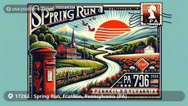 Modern illustration of Spring Run, Franklin County, Pennsylvania, featuring postal theme with ZIP code 17262, showcasing rural charm and natural beauty.