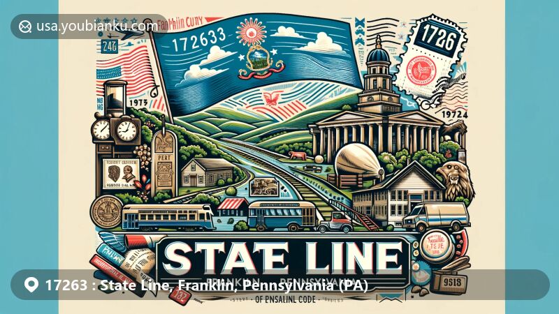 Modern illustration of State Line, Pennsylvania, showcasing postal theme with ZIP code 17263, incorporating Pennsylvania state flag, vintage air mail elements, Liberty Bell, Appalachian Trail, and Mountain Laurel. Vibrant artwork blending historical and natural symbols in a contemporary style.