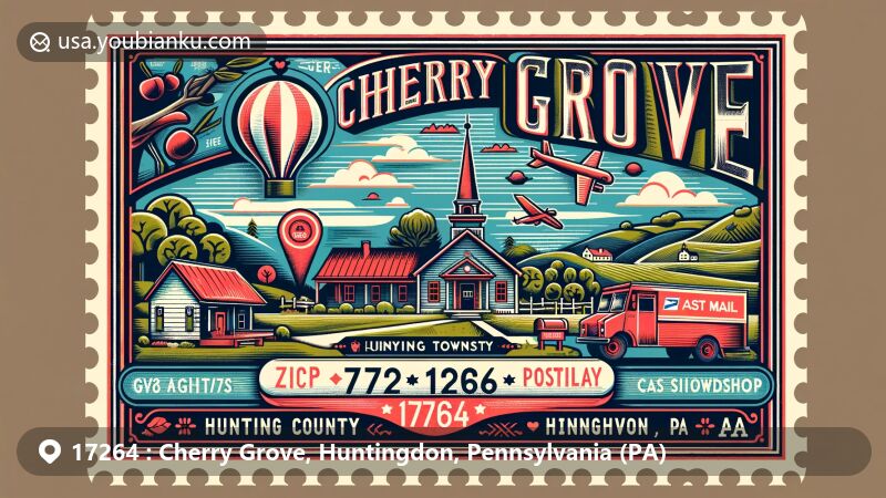 Modern illustration of Cherry Grove, Huntingdon County, Pennsylvania, capturing the essence of the local area with air mail elements, vintage-style postage stamp, postmark, and traditional symbols.