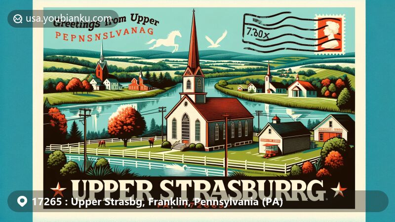 Modern illustration of Upper Strasburg, Pennsylvania, showcasing postal theme with ZIP code 17265, featuring Methodist church, Horse Valley Church, and natural surroundings.