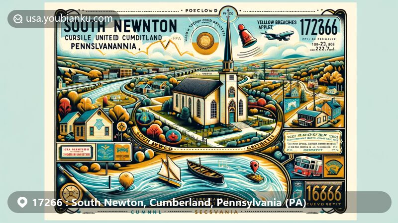 Modern illustration of South Newton, Cumberland, Pennsylvania (PA), showcasing postal theme with ZIP code 17266, featuring Trinity United Methodist Church, Cumberland County outline, Susquehanna River, Yellow Breeches Creek, and local events.