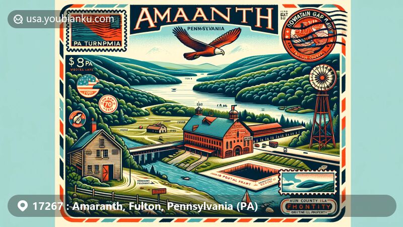 Modern illustration of Amaranth, Fulton County, Pennsylvania, featuring Cowans Gap State Park, Big Mountain Overlook, PA Turnpike, and Burnt Cabins Gristmill Property, blending postal elements with regional characteristics.