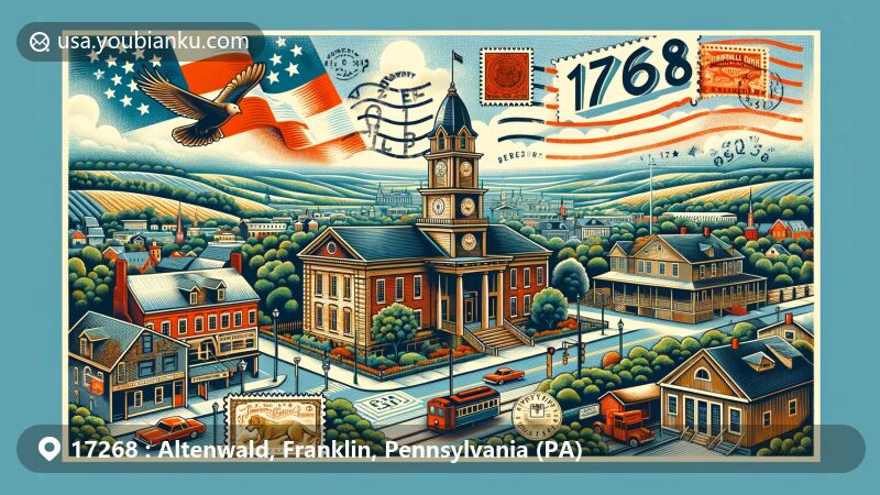 Modern illustration of 17268 postal code area, Franklin County, Pennsylvania, featuring Chambersburg Historic District, Cumberland Valley hills, and key historical sites like Franklin County Courthouse and Old Jail.
