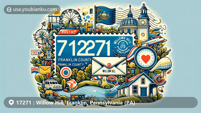 Modern illustration of Willow Hill, Franklin County, Pennsylvania, featuring ZIP code 17271, blending elements of the unincorporated area, Pennsylvania state symbols, and postal theme.