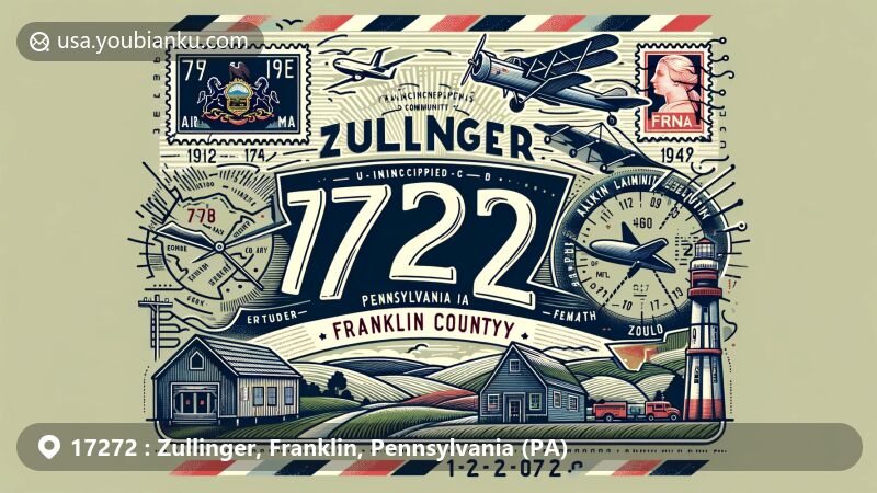Modern illustration of Zullinger, Franklin County, Pennsylvania, showcasing postal theme with ZIP code 17272, featuring state symbols and rural landscape.