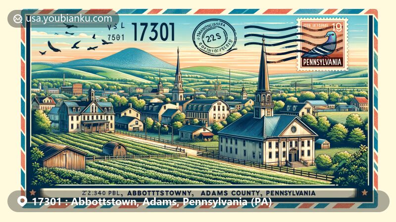 Modern representation of Abbottstown, Adams County, Pennsylvania, showcasing ZIP code 17301 with historical buildings, farmland, and Pigeon Hills. Capturing the scenic rural environment and rich agricultural heritage of the region with vintage postcard border and postal elements.