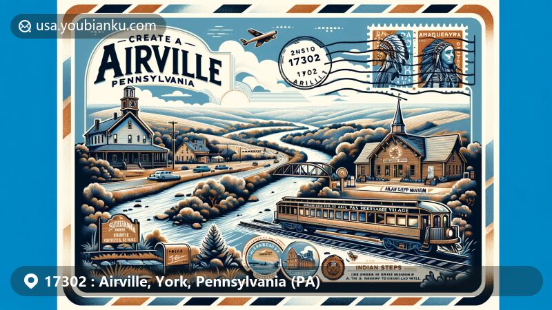 Modern illustration of Airville, Pennsylvania, highlighting Ma & Pa Railroad Heritage Village, Indian Steps Museum, and Susquehanna River, framed as an airmail envelope with vintage motorcar train and Native American artifacts.