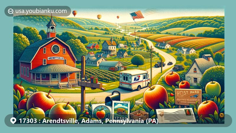 Modern illustration of Arendtsville, Pennsylvania, Adams County, featuring apple orchards, Round Barn, and postal theme with ZIP code 17303, showcasing local landmarks and American agricultural heritage.