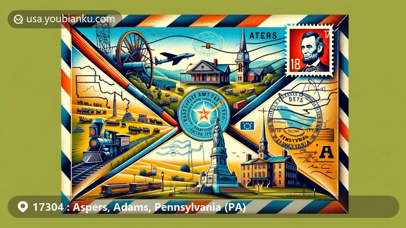 Modern illustration of Aspers, Adams County, Pennsylvania, featuring a creative air mail envelope with postal stamp, postmark, and ZIP code 17304, showcasing Gettysburg National Military Park, Eisenhower National Historic Site, Gettysburg Lincoln Railroad Station, and Eternal Light Peace Memorial.