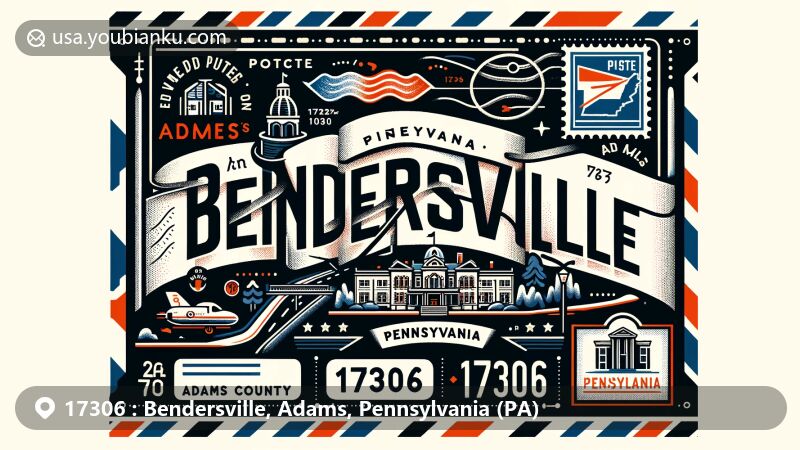 Modern illustration of Bendersville, Adams County, Pennsylvania, with ZIP code 17306, resembling an air mail envelope. Features state and county outlines, postal stamps, a mark, and prominent ZIP code, capturing town's essence.
