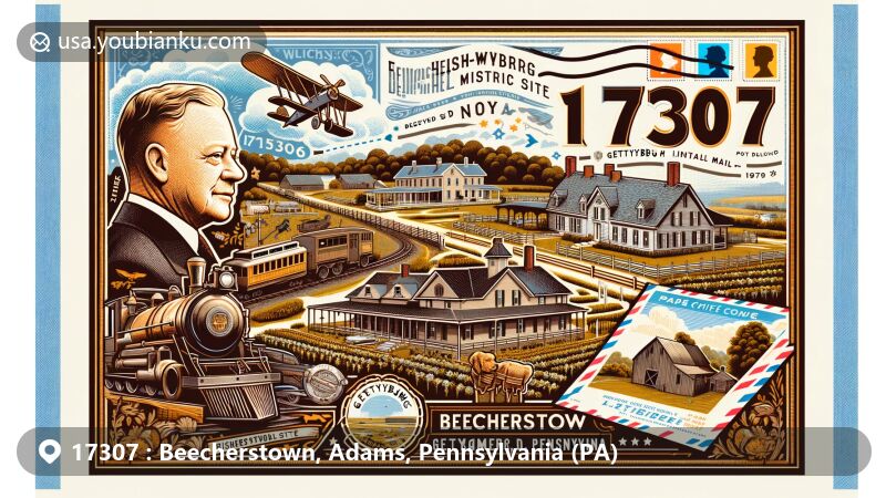 Modern illustration of Beecherstown, Adams County, Pennsylvania, featuring Eisenhower National Historic Site and elements from Gettysburg, including Gettysburg Lincoln Railroad Station and Historic Round Barn, with vintage air mail envelope, Eisenhower National Historic Site stamp, and ZIP code 17307 postal markings.