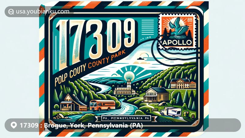 Modern illustration of Brogue area in York County, Pennsylvania, with Apollo County Park as a focal point, featuring airmail envelope with ZIP Code 17309, showcasing natural beauty and postal themes.