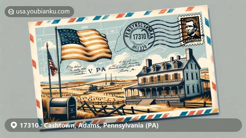 Modern illustration of Cashtown area featuring Cashtown Inn, Gettysburg battlefield, Pennsylvania state flag, and American flag, with detailed postal elements like stamp, mailbox, and postmark.