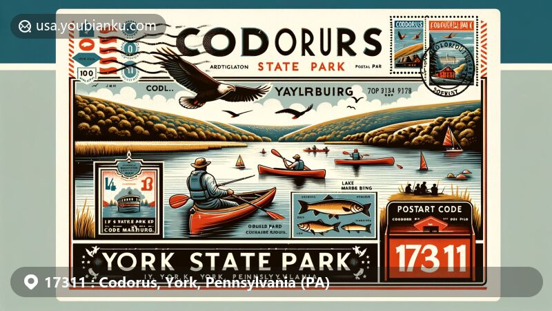Modern illustration of Codorus State Park, York, Pennsylvania, highlighting Lake Marburg with postal elements for ZIP code 17311, featuring kayaking, fishing, hiking, and vintage postal theme.