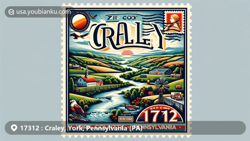 Modern illustration of Craley, York County, Pennsylvania, showcasing postal theme with ZIP code 17312, featuring diverse physical and cultural landmarks, vintage postcard design, postal stamp, postmark, and iconic imagery reflecting the area's natural beauty and cultural heritage.