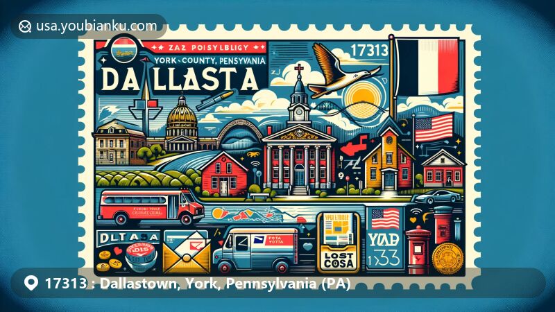Creative modern illustration of Dallastown, York County, Pennsylvania, featuring Pennsylvania state flag, York County map, and postal theme with vintage postcard, stamp, postmark, mailbox, and mail delivery vehicle representing ZIP code 17313.