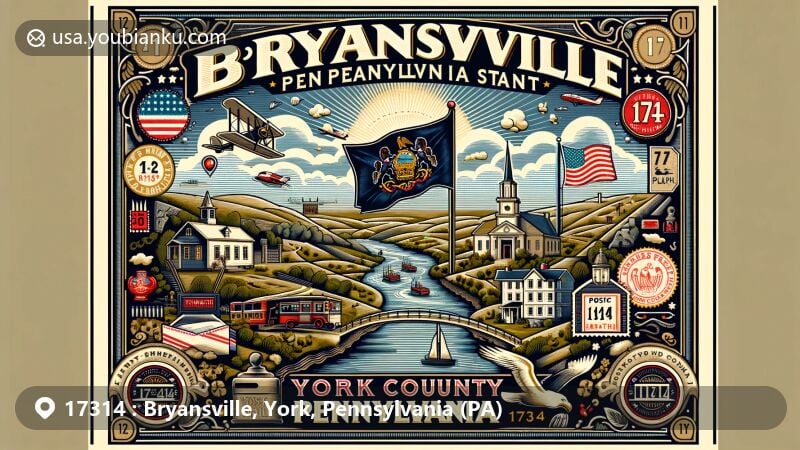 Modern illustration of Bryansville, York County, Pennsylvania, highlighting ZIP code 17314, featuring state flag, county outline, local landmarks, vintage postal elements, and air mail theme.