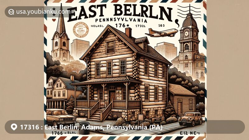 Modern illustration of East Berlin, Pennsylvania (PA), depicting historic district with diverse architectural styles from 18th to early 20th century, including unique door and window treatments. Incorporates nods to town's founding in 1764, Civil War history, and modern community events.