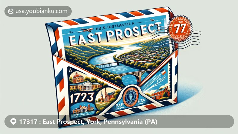 Modern illustration of East Prospect, York County, Pennsylvania, highlighting postal theme with vintage air mail envelope and Susquehanna River scenery, showcasing Samuel S. Lewis State Park.