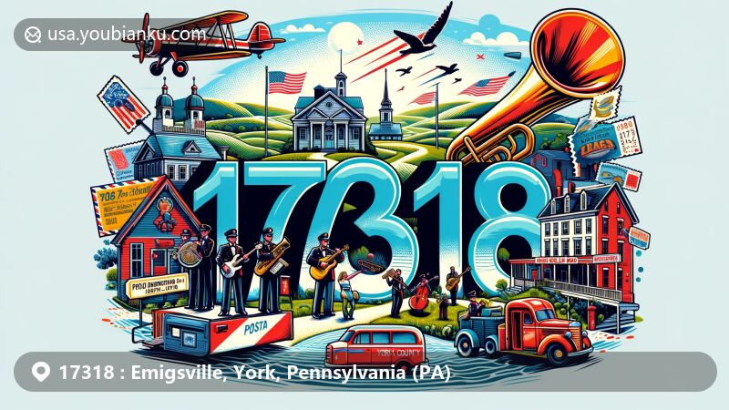 Unique illustration of Emigsville, York County, Pennsylvania, celebrating ZIP code 17318 with local culture featuring the Emigsville Band, York County landmarks, and vintage postal theme.