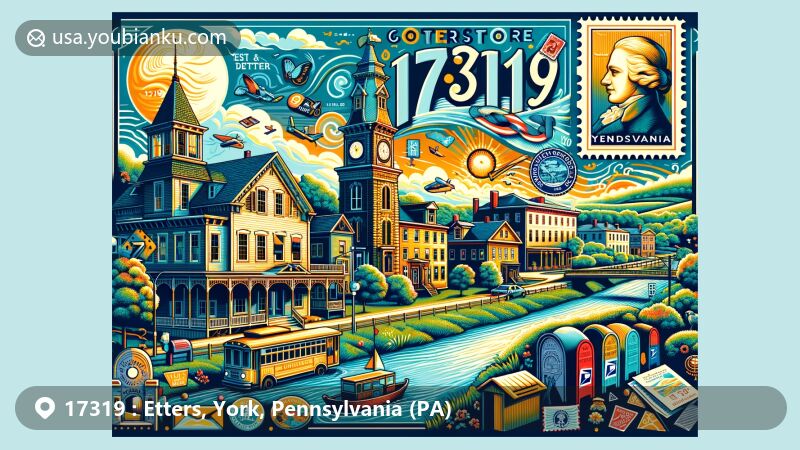 Modern illustration of Etters, York County, Pennsylvania, with ZIP code 17319, showcasing diverse architectural styles of Goldsboro historic district, including Greek Revival, Italianate, Mansard, Victorian, Richardsonian Romanesque, Gothic Revival, and Georgian Revival, reflecting rich history and architectural heritage; highlighting natural beauty of Susquehanna River and emphasizing geographical significance; incorporating elements representing Etters postal heritage, such as vintage stamp with 17319 ZIP code, old-fashioned mailbox, and postal delivery truck; depicted in vibrant and imaginative colors in a modern illustration style, suitable for web use, capturing essence of Etters and its postal history, ensuring clarity of ZIP code and postal elements.