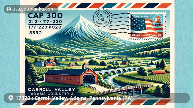 Modern illustration of Carroll Valley, Adams County, Pennsylvania, featuring ZIP code 17320, Liberty Mountain Resort, farmlands, orchards, woods, meadows, and Jacks Mountain Covered Bridge.
