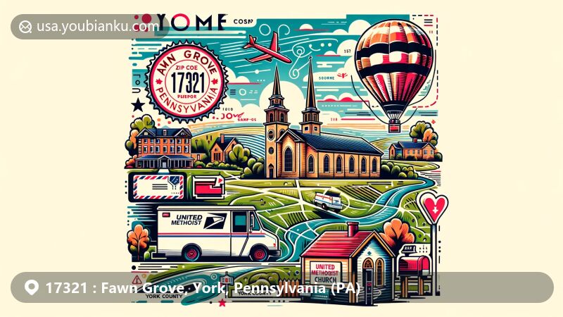 Modern illustration of Fawn Grove, York County, Pennsylvania, with postal theme showcasing ZIP code 17321, including postcard elements like postage stamp, postmark, mail truck, and mailbox, featuring United Methodist Church and York County outline.