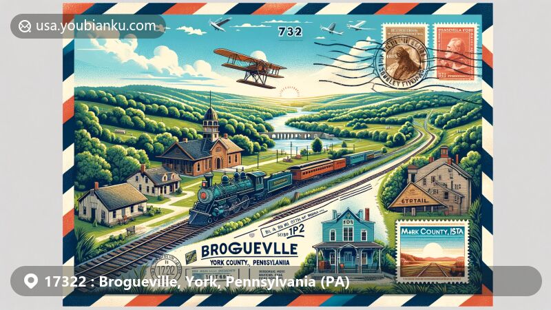Modern illustration of Brogueville, York County, Pennsylvania, featuring airmail elements and Ma & Pa Railroad history, highlighting ZIP code 17322 and regional landmarks.