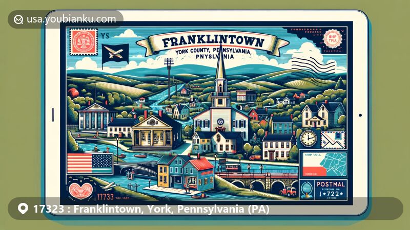 Modern illustration of Franklintown, York County, Pennsylvania, featuring postal theme with ZIP code 17323, including York County outline, Pennsylvania state flag, and emblematic representation of Franklintown.