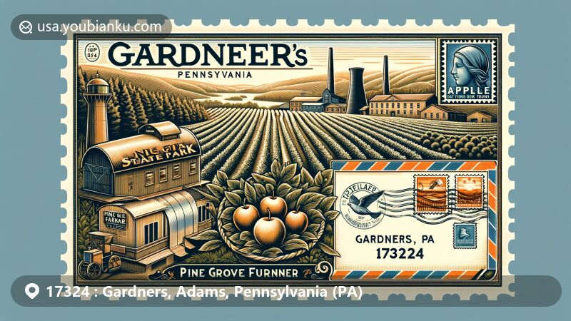 Modern illustration of Gardners, Adams County, Pennsylvania, featuring Pine Grove Furnace State Park, apple orchards, and Zeigler Brothers, with vintage air mail envelope highlighting local landmarks and agricultural heritage.