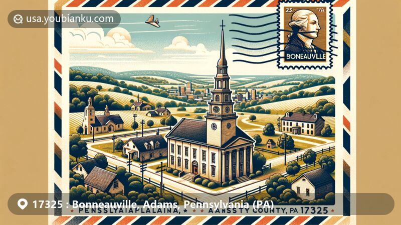 Modern illustration of Bonneauville, Adams County, Pennsylvania, featuring vintage airmail envelope design with ZIP code 17325, showcasing St. Joseph's Church, Gettysburg landmarks, and architectural styles like Classical Revival and Beaux Arts Classicism.