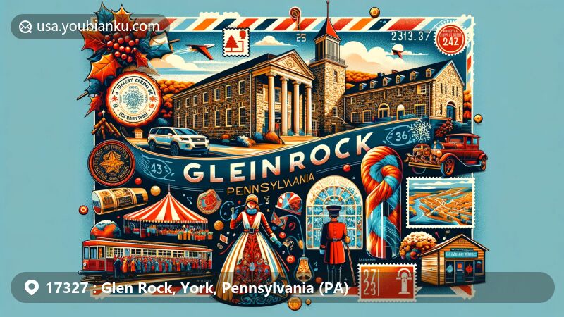 Vibrant illustration of Glen Rock, York County, Pennsylvania, featuring a central airmail postcard with stamps, postmarks, historic architecture, Christmas carolers, and scenes from Heritage Rail Trail and The Markets at Shrewsbury.