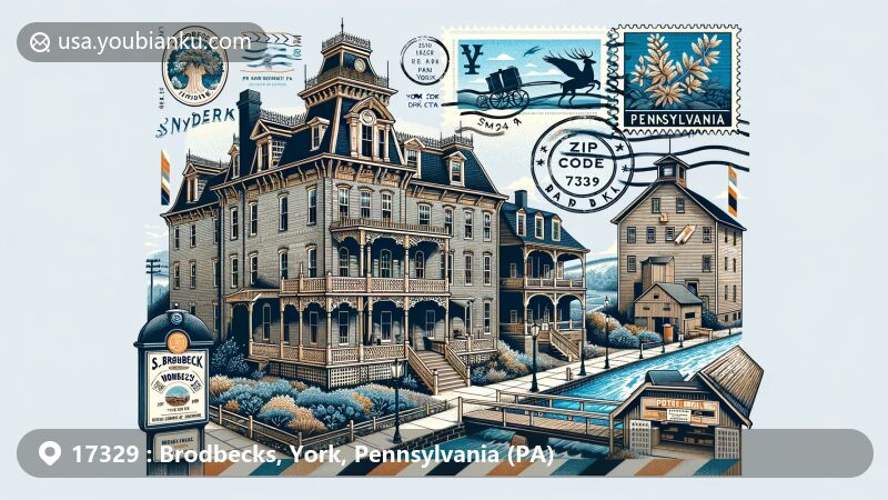 Modern illustration of Brodbecks, York County, Pennsylvania, with postal theme for ZIP code 17329, featuring S. B. Brodbeck Housing and Snyder's Mill, blending architectural styles and state symbols like mountain laurel and white-tailed deer.