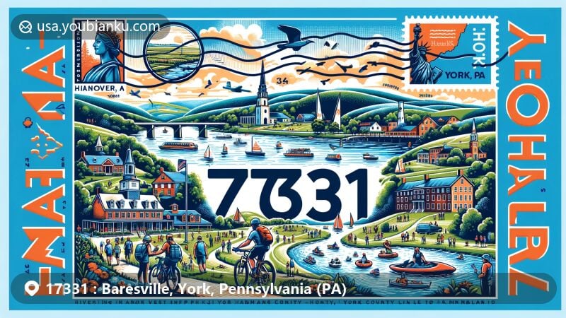 Modern illustration of Hanover, Pennsylvania, highlighting ZIP code 17331 and York County's outdoor activities and historical aspects.