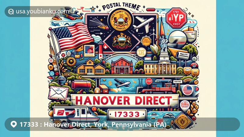 Modern illustration of Hanover Direct, York County, Pennsylvania, featuring postal theme for ZIP code 17333, showcasing state symbols and local landmarks in vibrant style.