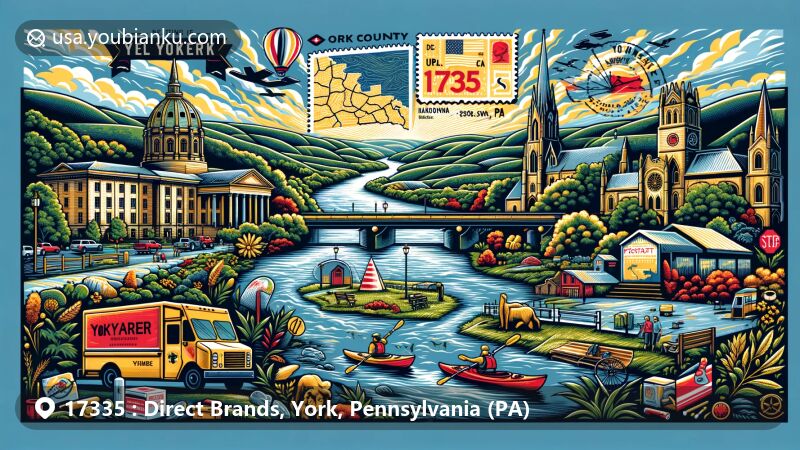 Modern illustration of Direct Brands area in York County, PA, featuring rivers, hills, and valleys, York County History Center, outdoor activities, and postal symbols, with prominent display of Hanover, PA, and ZIP code 17335.