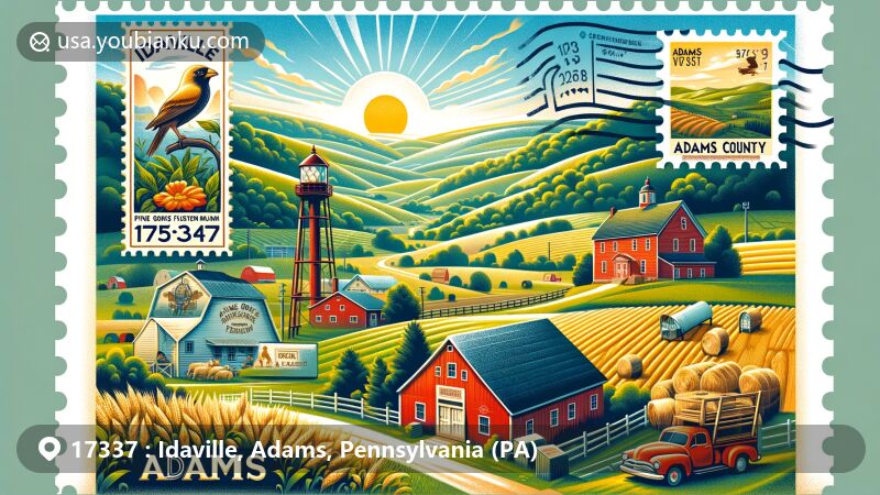Modern illustration of Idaville, Adams County, Pennsylvania, showcasing rural charm and community spirit, featuring Pine Grove Furnace State Park, the Appalachian Trail Museum, and vintage postal elements with ZIP code 17337.
