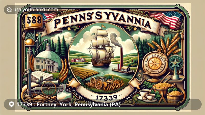 Modern illustration of Fortney, York County, Pennsylvania, showcasing the Pennsylvania coat of arms with state symbols representing commerce, natural resources, and agriculture. Includes Eastern Hemlock tree, Mountain Laurel, and historical Lewisberry aspects in a vintage postcard style featuring the Keystone symbol.