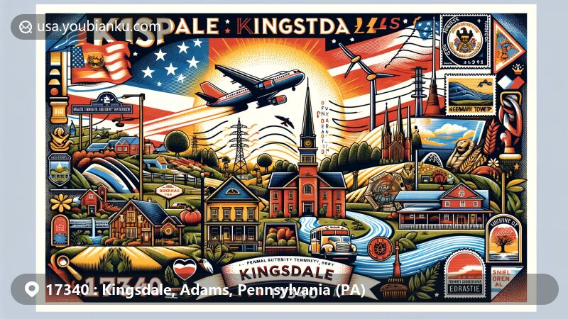 Modern illustration of Kingsdale, Adams County, Pennsylvania, featuring local landmarks and postal themes with ZIP code 17340, representing Germany Township's cultural heritage and geographic charm.