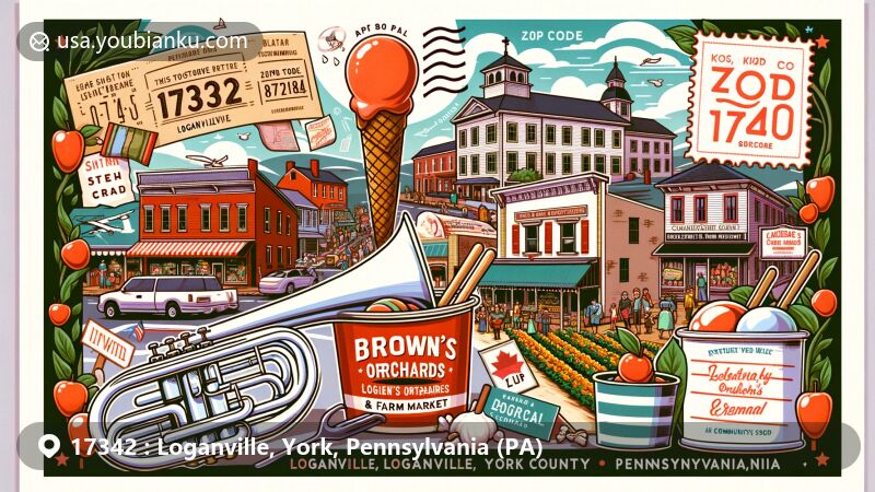Modern illustration of Loganville, York County, Pennsylvania, capturing the essence of ZIP code 17342 with historical elements like the Loganville Cornet Band, Brown's Orchards & Farm Market, and Carman's Ice Cream, alongside postal symbols.