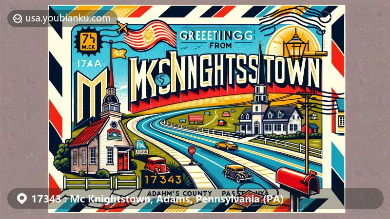 Modern illustration of McKnightstown, Adams County, Pennsylvania, featuring Lincoln Highway and postal elements, with vibrant colors and state symbols.