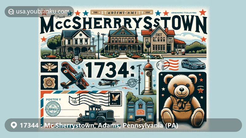 Modern illustration of McSherrystown, Adams County, Pennsylvania, showcasing postal theme with ZIP code 17344, featuring Boyds Bears headquarters and F.X. Smith & Sons cigar manufacturer.