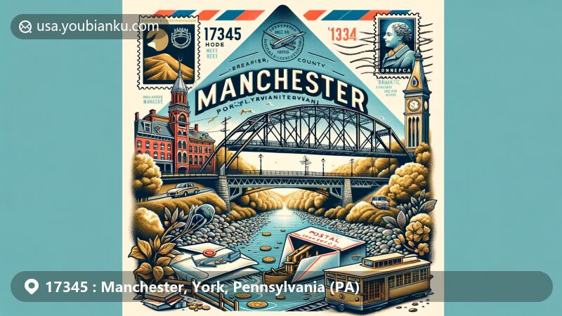 Modern illustration of Manchester, York County, Pennsylvania, celebrating ZIP code 17345 with vintage airmail theme and historic truss bridge over Conewago Creek, featuring local landmarks and postal elements.